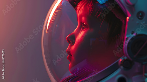 A small child imagines himself to be an astronaut in an astronauts helmet : Generative AI