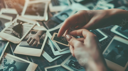 female hands fingering old photographs of 1950s stack of photos on the table concept of genealogy memory of ancestors family tree nostalgia childhood remembering : Generative AI