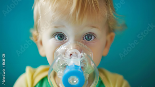 Treatment pneumonia with nebulizer Portrait Baby has respiratory infection or bronchitis and is breathing heavily Blond caucasian child with asthma problems does inhalation with mask o : Generative AI