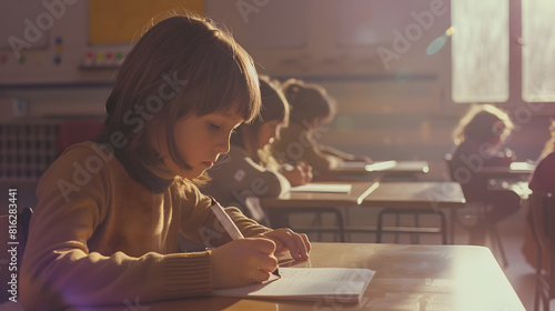 Cute pupils writing at desks in classroom at the elementary school : Generative AI