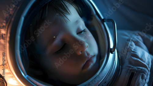 A small child imagines himself to be an astronaut in an astronauts helmet : Generative AI