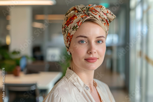 portrait of a young woman with blue eyes wearing a colorful headscarf in a modern office