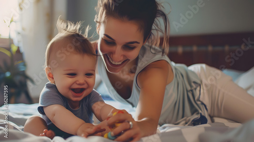 Happy mother and baby boy playing games at home Attractive cheerful Latin female clasping hands with her infant son sitting on bed enjoying nice time together Fun leisure and activity : Generative AI
