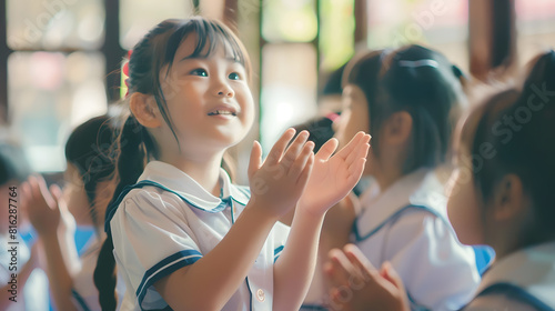 Focus on girl young school kids in uniform applauding or clapping at classroom concept of growth entertainment inspiration and childhood lifestyle : Generative AI