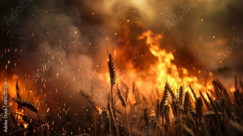 large wheat crop in flames by day