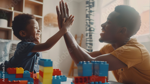 Happy young african American father and little ethnic son give high five playing together with bricks at home overjoyed biracial dad and small boy child celebrate kid achievement learn : Generative AI