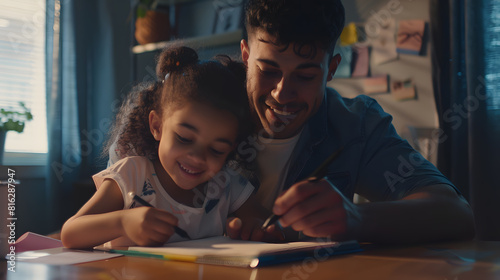 Smiling young european man helping little adopted african american daughter with homework sitting together at table Happy small biracial child girl involved in doing school tasks with : Generative AI