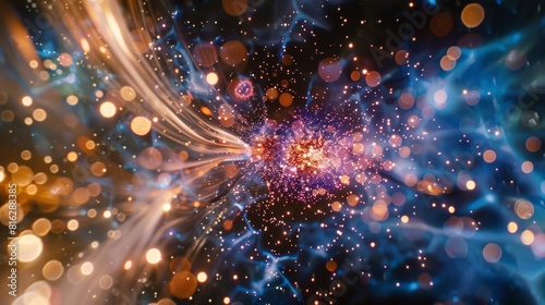 A particle decaying into multiple particles and then recombining into the original state demonstrating the reversible nature of particle processes.