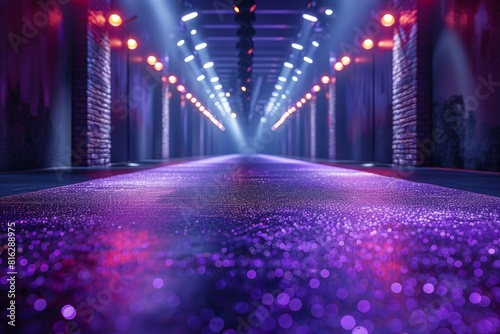 A long, narrow hallway with purple lights and a purple floor. Fashion show catwalk or podium stage