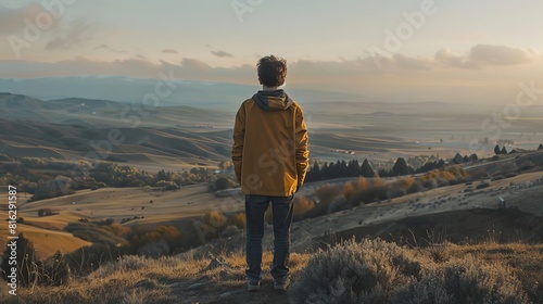 A reflective moment of an orphan teen standing at the edge of a scenic overlook, looking out over a vast landscape, symbolizing the uncertainty of his future, Close up