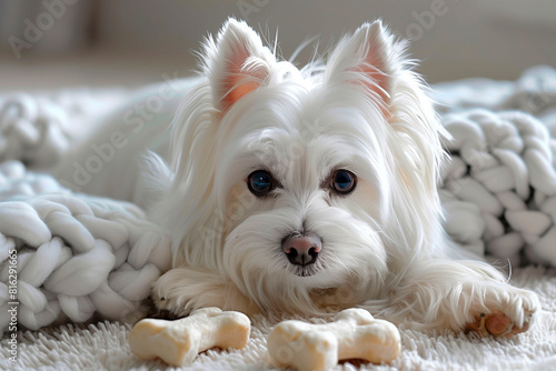 Small white dog eating a bone 