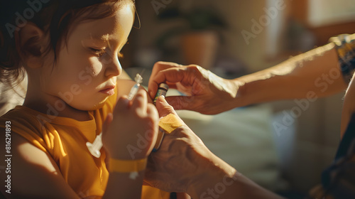 Vaccination of little child at home Childrens hand with funny adhesive plaster Vaccine for covid19 coronavirusfluinfectious diseases : Generative AI