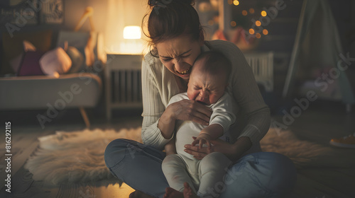 Tired infant baby cries in mother hands depressed unhappy exhausted mom sitting on floor with crying little child on her lap bedroom interior copy space Postnatal postpartum depression : Generative AI