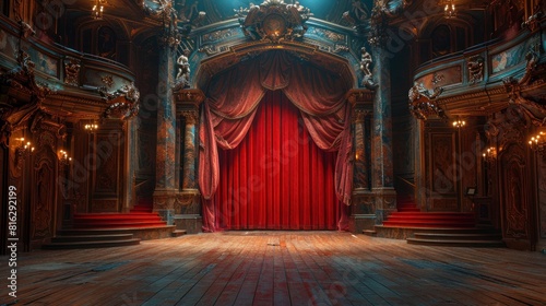 Classic theater stage with red curtains.