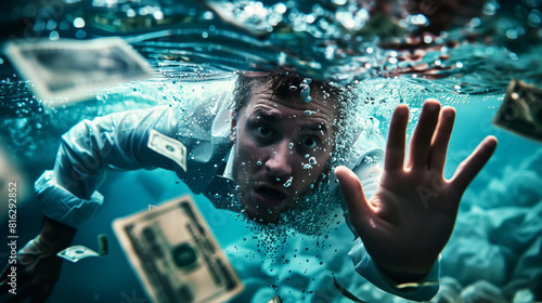 a drowning man asking for help, concept for bankruptcy, economy recession, finance crisis, business failure