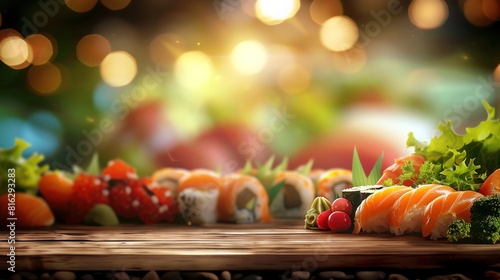 A closeup of a vegetarian sushi platter with an empty space on the side for text