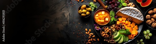 An artisanal cheese platter with nuts and fruit, featuring a central text overlay space