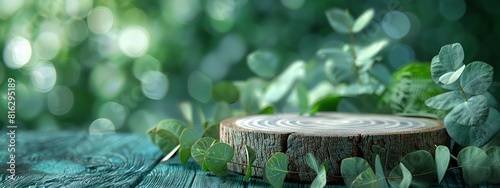 A wooden stump in a lush green forest with a blurred background.