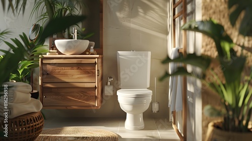 Bathroom interior with toilet in cozy and modern style, ceramic toilet bowl and wooden furniture, minimal decoration.