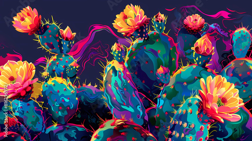 Neon colored pop-art illustration of prickly pear cactus at night