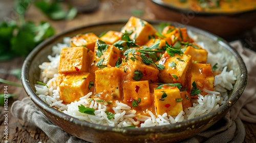 Coconut curry tofu with jasmine rice, fresh foods in minimal style
