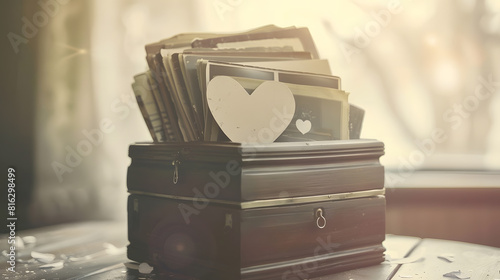 stack of old retro family sepia photos on table vintage wooden box with dear heart memorabilia concept of family tree genealogy home archive memory of ancestors childhood memories : Generative AI