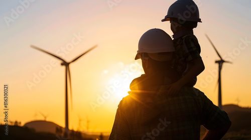 Silhouette of father and son with clipping path in hard hat Happy dad carrying son on shoulders checking project at wind farm site on sunset in evening time : Generative AI