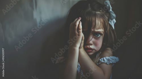 A little girl huddled in a corner and cries covering her eyes and ears with her hands because her parents are quarreling Family problem violation of childrens rights : Generative AI