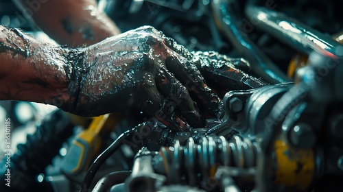 A close-up of greasy hands repairing a car's suspension components.