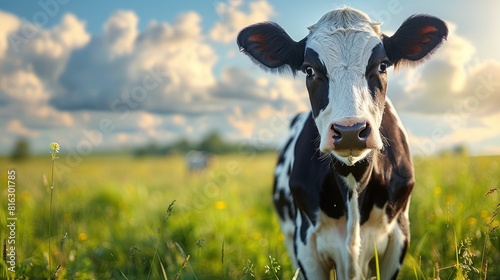 Portrait of a cow eating grass in a farm pasture