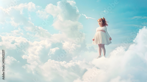 Flight on the cloud Creative contemporary collage with little girl standing on white cloud and flying Concept of childhood happiness dreams travels ad and fantasy Copy space for ad des : Generative AI