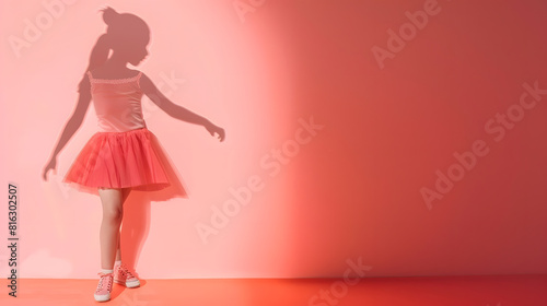 Childhood and dream about big and famous future Conceptual image with girl and drawned shadow of female figure skater on coral pink background Childhood dreams imagination education co : Generative AI