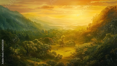 A serene landscape painting, executed in the classical realism tradition, depicting a golden sunset over a lush, verdant valley, Close up