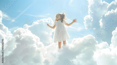 Flight on the cloud Creative contemporary collage with little girl standing on white cloud and flying Concept of childhood happiness dreams travels ad and fantasy Copy space for ad des : Generative AI