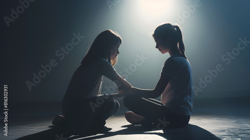 Adult woman giving helping hand to crying teenager girl victim of bullying abuse violence depressed patient offering psychotherapy support to lonely sad child sitting on floor : Generative AI