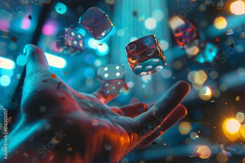 A hand is holding a bunch of dice in the air