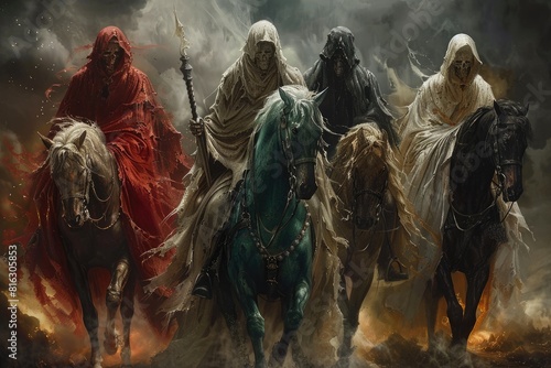 Harbingers of doom: 4 horsemen of the apocalypse - ominous imagery and symbolic significance of legendary riders ushering in end times. representing conquest, war, famine, death in apocalyptic lore.