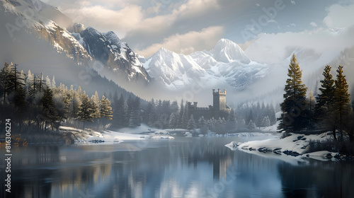 Tranquil scenery with snow castle in clouds Mountain creek flows from forest hills into glacial lake Snowy mountains in fog clearance Small river and coniferous trees reflected in calm : Generative AI
