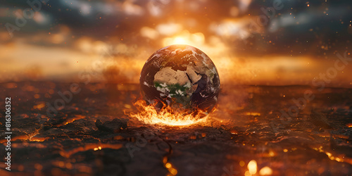 Earth on fire. Global catastrophe concept. Pollution greenhouse effect global warming are destroying our planet.