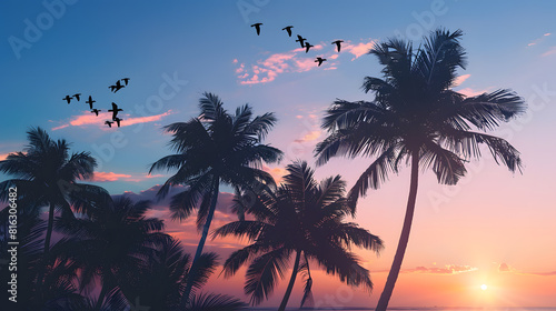 Silhouette of palm trees against a sunset sky with birds flying above : Generative AI