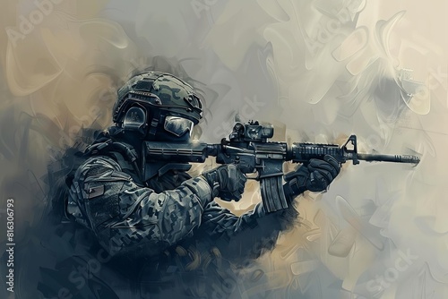 elite special forces soldier in tactical gear holding assault rifle private military contractor digital art