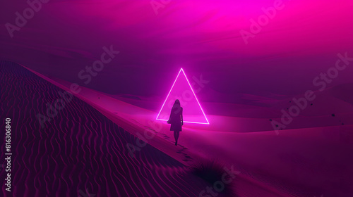 Modern futuristic neon abstract background Large triangle glowing purple object in the center of sand dune and lonely woman silhouette walking in the desert Dark scene with neon light : Generative AI