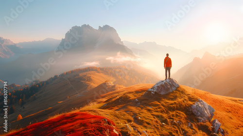 Man on stone on the hill and beautiful mountain valley in haze at colorful sunset in autumn Dolomites Italy Guy mountain ridges in fog orange grass and trees blue sky with sun in fall : Generative AI