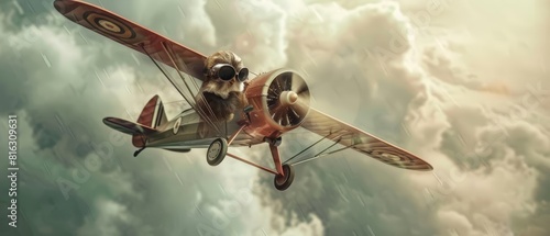 A cute of a migratory bird wearing a vintage pilot outfit, navigating a miniature airplane through dense clouds, portrait with blur background