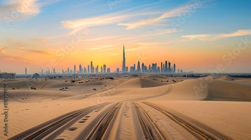 Dubai skyline on the horizon of a sand and dune landscape with tire tracks from a 4x4 vehicle during safari excursion Blue sky at sunset : Generative AI