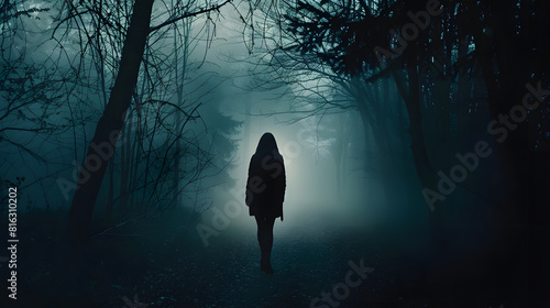 Silhouette of woman walks on footpath in dark foggy mystery forest alone Concept of loneliness and solitude : Generative AI