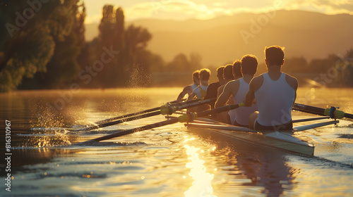 Rowing team rowing scull on lake : Generative AI