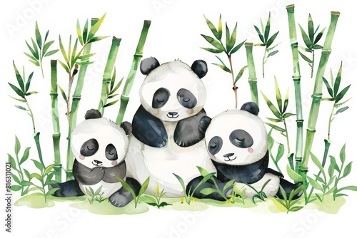 A kawaii watercolor of a panda family enjoying a lazy day in a bamboo grove, Clipart isolated on white