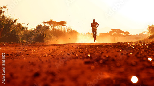 Silhouette of a kenyan runner running along a red dirt road near the city of Iten in Kenya Athletic sports photo for long track and marathon runners : Generative AI