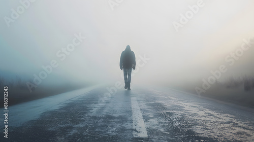 Man walking alone on misty road : Generative AI